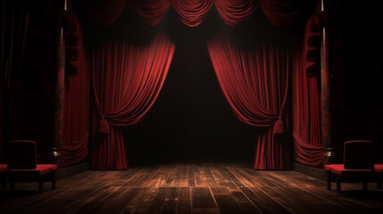 Red stage curtain with spotlight. Generative Ai