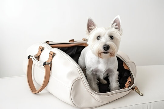 Little dog in baggage suitcase isolated on white background. Travel, Holidays concept. Generated Ai