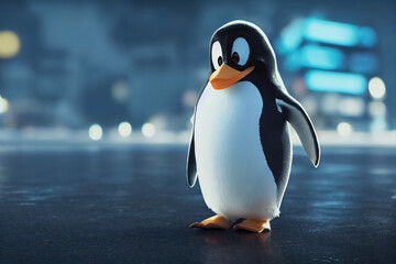 Cartoon style penguin walking with wings spread on the snow, generative ai