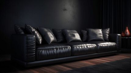 Black leather sofa with pillows. Generative Ai