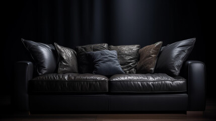 Black leather sofa with pillows. Generative Ai