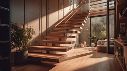Wooden stairs at home. Generative Ai