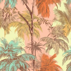 Exotic palm tree drawing on a trendy hand-drawn background as a Seamless Pattern. AI generation.