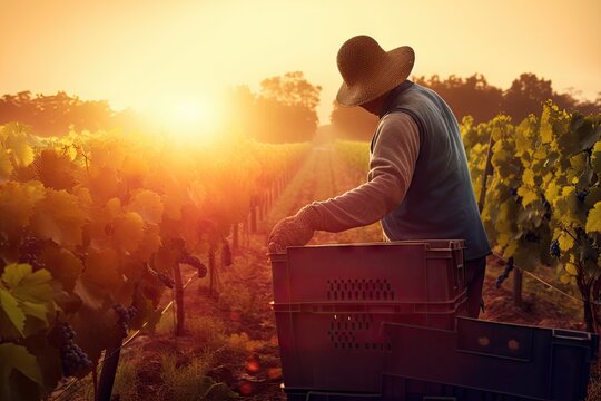 vineyard worker harvesting grapes, with the sun setting in the background, created with generative ai