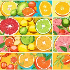 A set of colorful citrus fruits - orange, grapefruit, lemon, and lime - as a seamless pattern. AI generation.