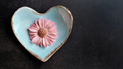 Coconut milk flavor, Sam Pan Nee traditional Thai handcraft snack on pastel blue heart shape plate, Dark background, Royal famous Thai sweets dessert