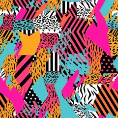 Fototapeta na wymiar Geometric seamless pattern design with stripes in zebra and leopard prints. AI generation.
