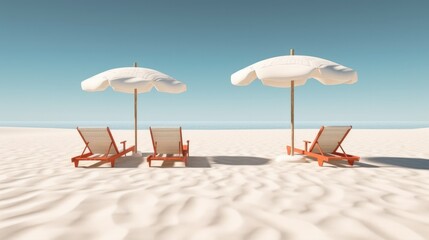 Beach Scene with Sunloungers and umbrellas. Vacation Concept. Generative AI.