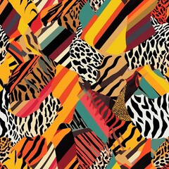 Geometric seamless pattern design with stripes in zebra and leopard prints. AI generation.