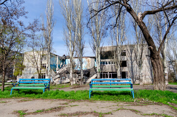 destroyed and burned school in the city Russia Ukraine war