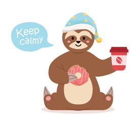 Concept Sloth character eating donate coffee before sleep keep calm title. This vector illustration showcases a cute sloth character enjoying a cup of coffee. Vector illustration.