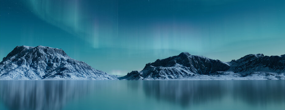 Blue Aurora Borealis over Snow covered Terrain. Majestic Northern Lights Background with copy-space.