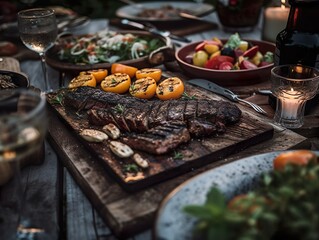 Obraz premium Healthy nutrition with juicy salmon fillet and lemon-orange dill. In addition, a juicy and healthy beef tartare with fresh herbs for a starter or as a main course. - Generative AI