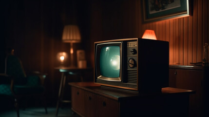 Retro TV on a wooden table. Generative Ai