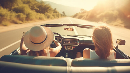 Naklejka premium Couple in cabriolet on road, back view. Generative Ai