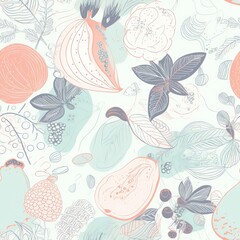 Fototapeta na wymiar Fruits, berries, and leaves in an abstract seamless pattern. AI generation.
