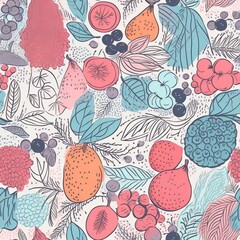Fruits, berries, and leaves in an abstract seamless pattern. AI generation.