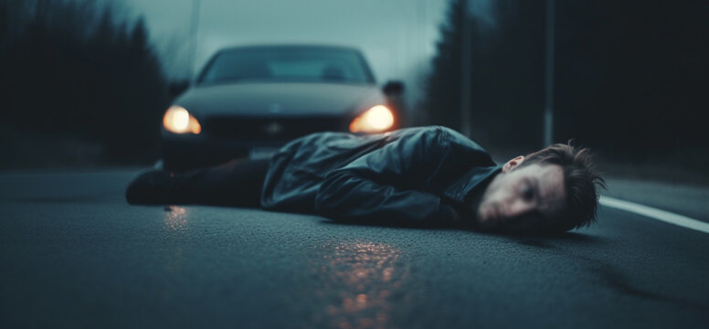 Man Lying On The Road. Car Accident. Generative Ai