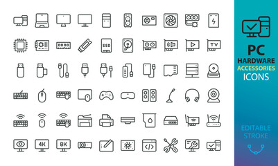 PC Hardware and accessories icons set. Set of computer parts, CPU, GPU, SSD, PC Case, wireless mouse, keyboard, flash drive, usb cable, mic, cam, headphones, usb hub, computer cable vector icons