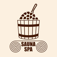 Sauna Spa Logo. Healing procedures and relaxating in bathhouse or sauna of hot steam. Body care therapy. Vector illustration
