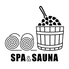 Spa Sauna Logo. Healing procedures and relaxating in bathhouse or sauna of hot steam. Body care therapy. Vector illustration