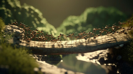 Obraz premium Ants on the wooden bridge. Generative Ai