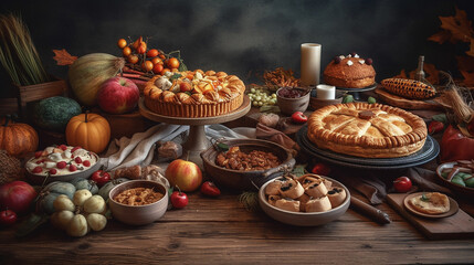 Naklejka premium Thanksgiving celebration traditional dinner, roasted chicken or turkey and pumpkin, Thanksgiving Day Concept, Generative AI 