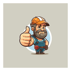 builder giving thumbs up. Vector logo illustration. cartoon