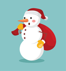 Concept Cartoon snowman. This illustration features a cute snowman in a flat, vector style design holding a present bag. Vector illustration.