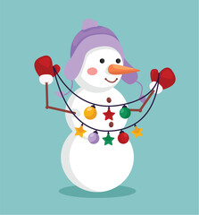 Concept Cartoon snowman. This illustration features a cute snowman in a flat, vector style design holding a garland. Vector illustration.