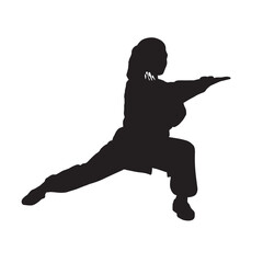 Fototapeta na wymiar Silhouette of a girl in wushu fighting stance, kung fu gymnastics, vector illustration