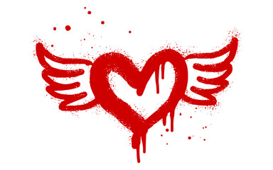 Spray painted graffiti flying heart with wings icon in red over white. Heart with wings drip symbol. isolated on white background. vector illustration