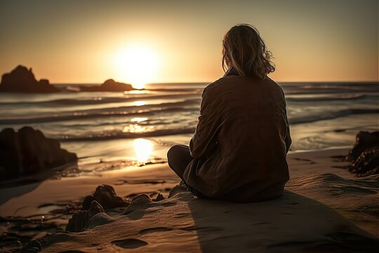 Photo of a woman sitting in front of a sunset on the beach