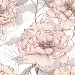 A seamless pattern of liquid abstraction and hand-drawn peony flower line art. AI generation.