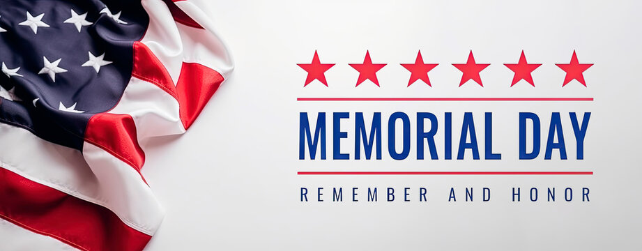 Memorial Day - Honoring All Who Served Text Over White Wall Texture Background and American Flags. Memorial Day and Veterans Day Banner format. Generative AI.