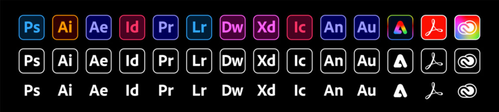 Adobe product. Logotype set of adobe products: adobe, illustrator, photoshop, creative cloud, after effects, lightroom. Editorial vector illustration.