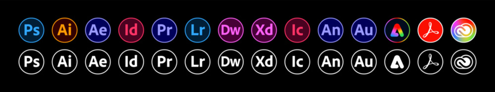 Adobe product. Logotype set of adobe products: adobe, illustrator, photoshop, creative cloud, after effects, lightroom. Vector illustration 10 eps.