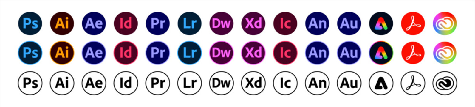 Adobe product. Logotype set of adobe products: adobe, illustrator, photoshop, creative cloud, after effects, lightroom. Vector 10 eps.