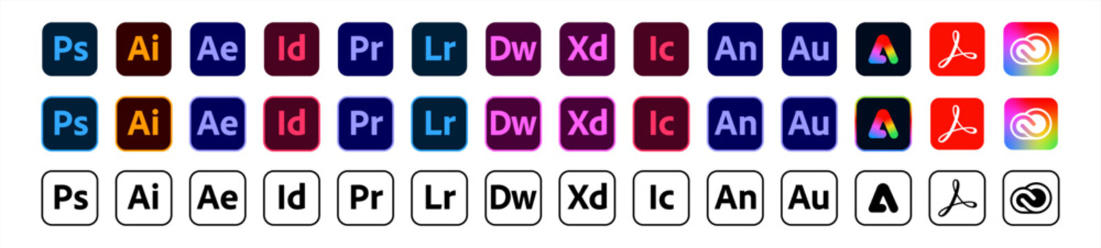 Adobe product. Logotype set of adobe products: adobe, illustrator, photoshop, creative cloud, after effects, lightroom. Editorial vector illustration.