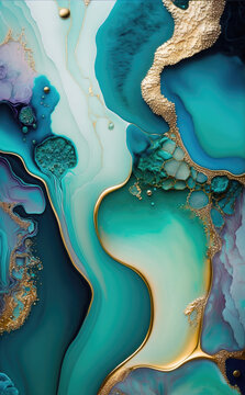Fototapeta Beautiful White and Pastel Paint Swirls with Gold Powder. Luxurious Design Wallpaper. Generative AI.