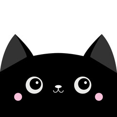 Black cat smiling head face silhouette icon. Cute cartoon funny baby character. Funny kawaii doodle animal. Pet collection. Sticker print. Flat design. White background. Isolated.
