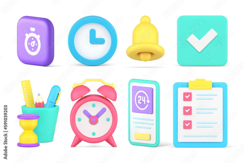 Poster time management deadline countdown business organization efficient productivity set 3d icon vector