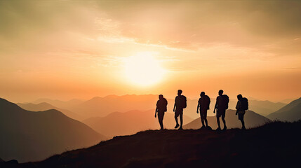 Fototapeta premium Group of tourist little silhouettes in a mountain. Generative AI