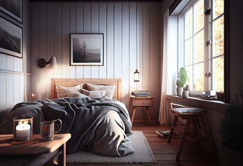 Light scandinavian bedroom with wooden details. Generative AI