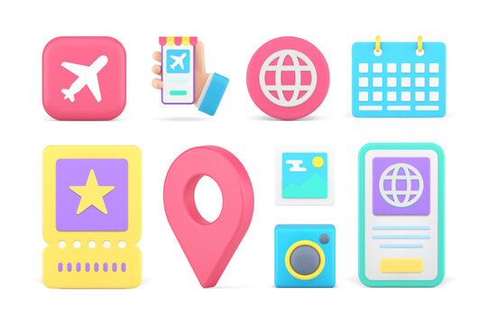 Travel planning journey adventure tour tourism online booking smartphone app set 3d icon vector
