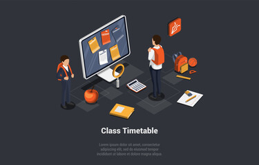 Class Timetable. Education Digital Calendar And Online Learning Concept. Boys Students With Backpack In Front Of Monitor With Notes, Copybook, Calculator. Isometric 3d Cartoon Vector Illustration