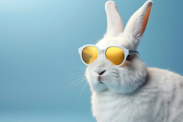 White Rabbit Wearing Yellow Sunglasses on Light Blue Background, Generative AI