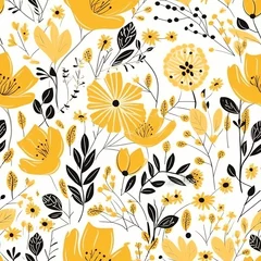 Küchenrückwand glas motiv Simple and decorative hand-drawn yellow flowers in a Scandinavian-style floral seamless pattern. AI generation. © BLACK AND WHITE LOGO