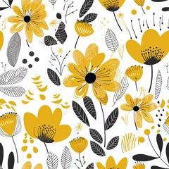 Poster Im Rahmen Simple and decorative hand-drawn yellow flowers in a Scandinavian-style floral seamless pattern. AI generation. © BLACK AND WHITE LOGO