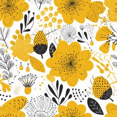 Simple and decorative hand-drawn yellow flowers in a Scandinavian-style floral seamless pattern. AI generation.